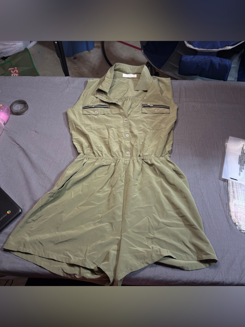 Love Tree Olive Green Sleeveless Button-Front Romper